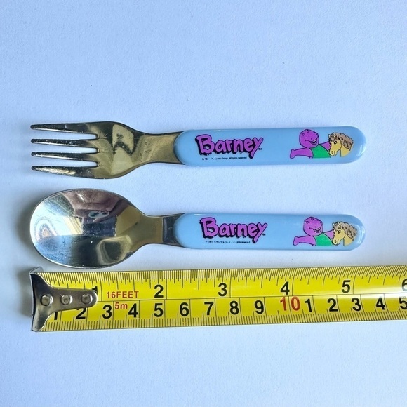 Vintage Barney 1997 Child Fork Spoon Set Utensils Yellow Horse Stainless Steel - Picture 6 of 7